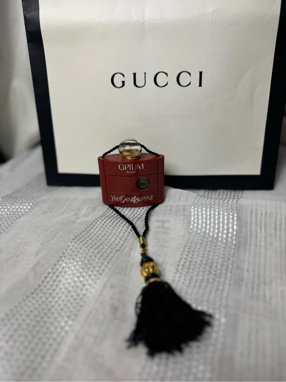 Vintage 80s Collector Yves Saint Laurent Red Black Opium Bottle Pendant Tassel